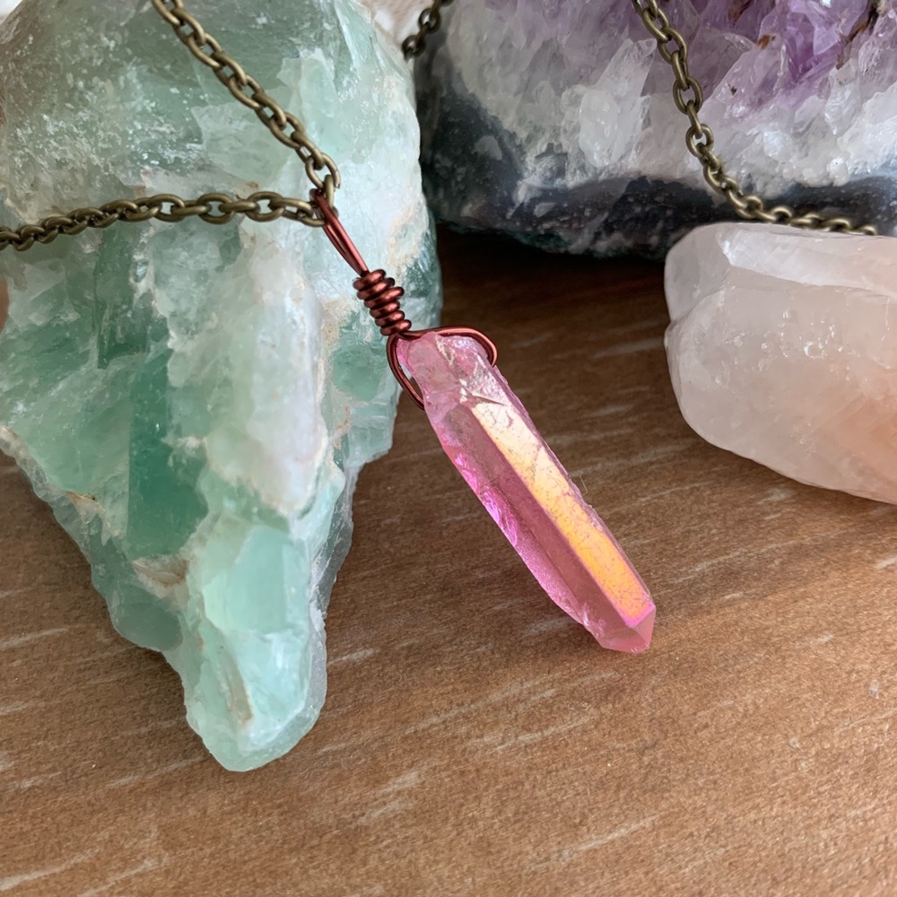 Pink Aura Quartz Crystal Pendant Necklace - Picture 2 of 4